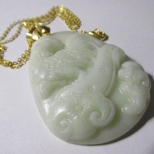 Carved White Jade Pendant of Rooster- Chicken with Gold Tone Metallic Chain, 18&quot;