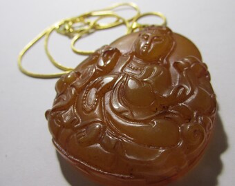 Carved Orange Jade Kwan Yin Pendant with Gold Tone Snake Chain, 16"