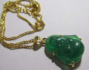 Green Jade Laughing Buddha Pendant with Gold Tone Chain, 18"