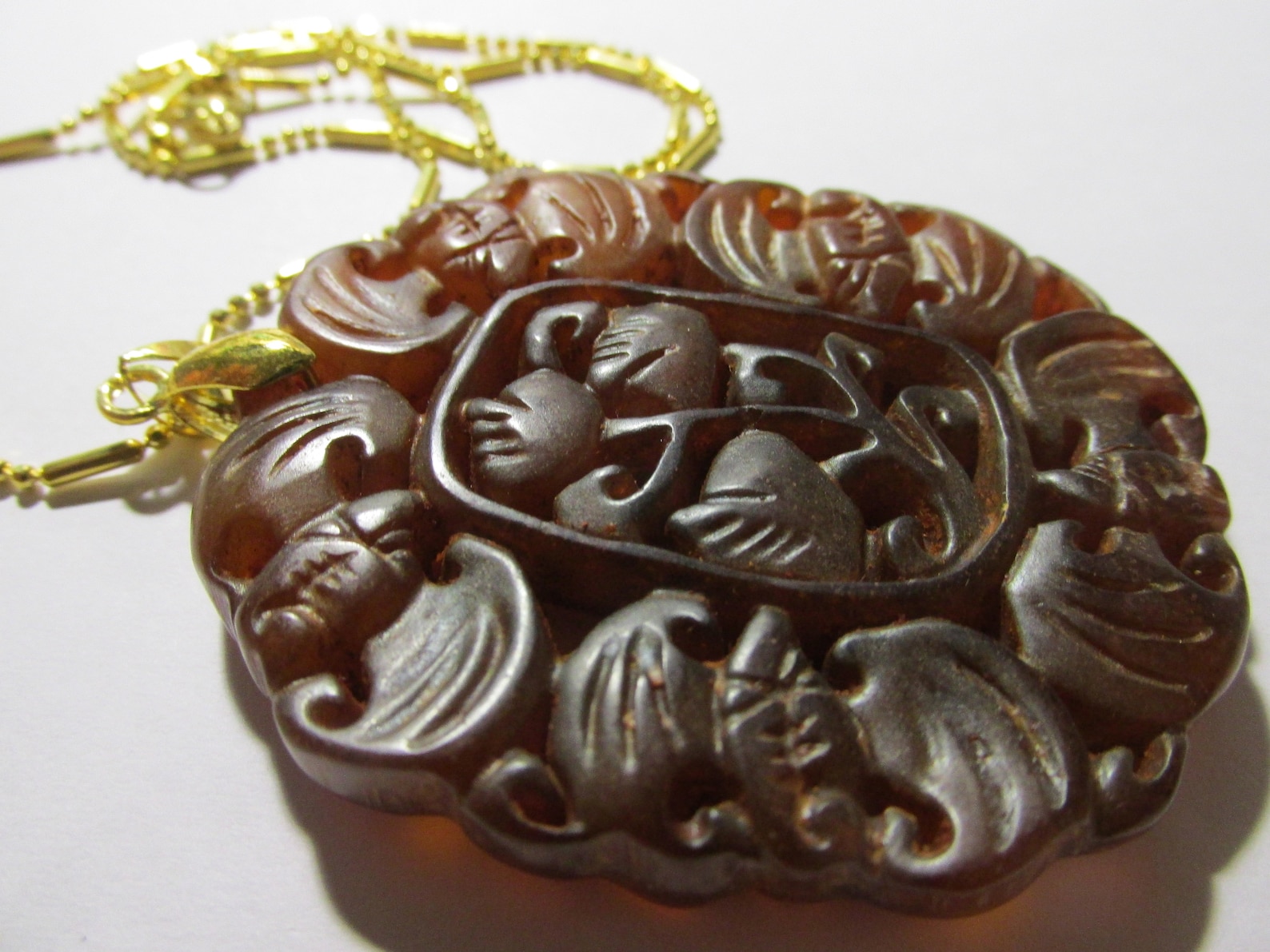 Carved Brown Jade Pendant of Money Bats and Flowers 16 - Etsy