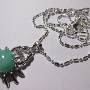 Chinese Green Jade Crab Charm-Pendant with Silver Tone Chain, 21&quot;