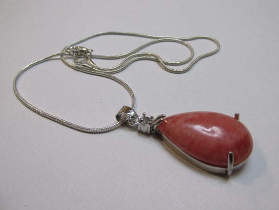 Pink and White Jade Teardrop Pendent with Silver … - image 2