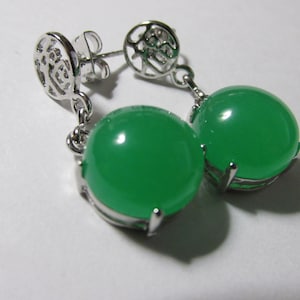 Emerald Green Jade Round Dangling Earrings with Silver Tone Good Fortune Charm