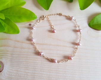 Rose Pink Freshwater Pearl beaded 14k Rose, Gold filled Sterling silver, Adjustable Bracelet minimalist bridal, Mothers day, dainty