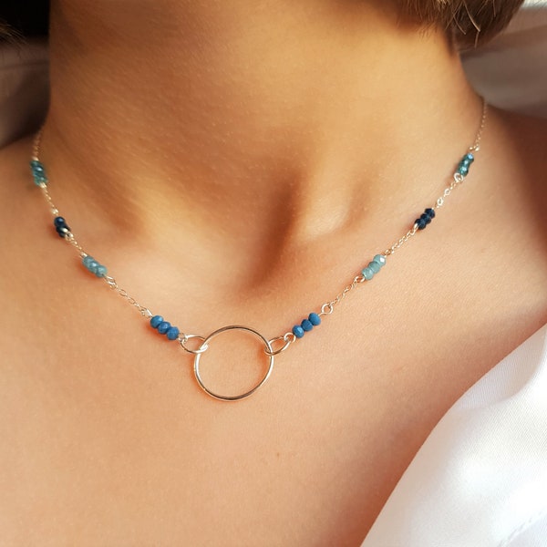 Sterling Silver gold filled Ocean Sea Blue beaded crystal Infinity eternity  circle necklace choker Bridal dainty mothers day birthday