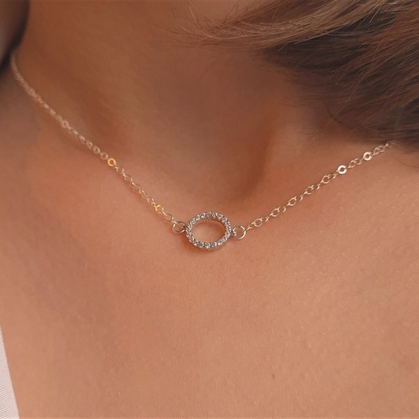 Sterling Silver Strass Infinity Eternity Circle Charm Connector collier réglable Saint Valentin anniversaire mariée minimaliste fête des mères