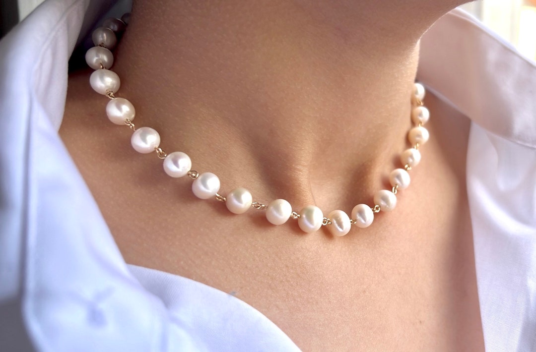 Belt handmade pearls light blue M 80cm