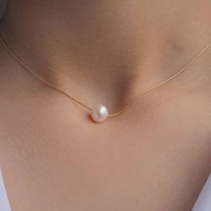AK PEARL | Bridal | Wedding | Birthday | Gift | Floating Pearl Necklace Choker 14K Rose, gold filled | sterling silver Bespoke | Handmade