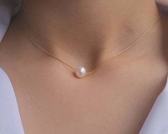 Collar flotante de perlas AK, genuinamente cultivada, rosa de 14K, llena de oro, plata de ley, Mimimal, bodas, novia, cumpleaños