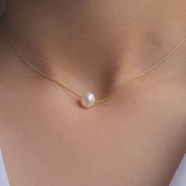 Floating AK pearl necklace, genuine cultured, 14K Rose, gold filled, sterling silver, Mimimal, weddings, bridal, birthday