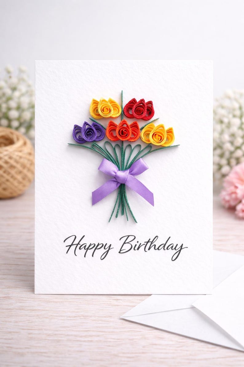 May include: A white birthday card featuring a paper flower bouquet in shades of yellow, red, orange, and purple, tied with a purple ribbon. The card reads "Happy Birthday" in cursive script.
