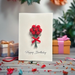 Handmade Roses Birthday Card, 3D Art Gift, Minimalist Bouquet