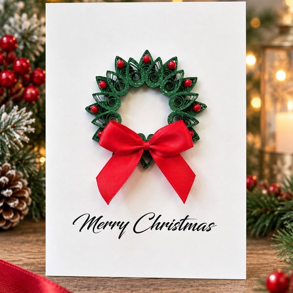Handmade 3D Christmas Card, Quilled Wreath Holiday Greetings