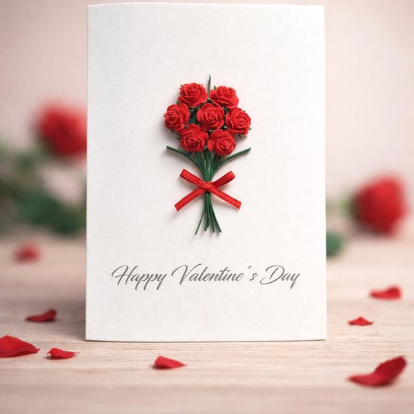 Valentine Card for Wife, Anniversary Handmade 3D Red Roses for her, Romantic Love Card, Minimalist Floral Bouquet
