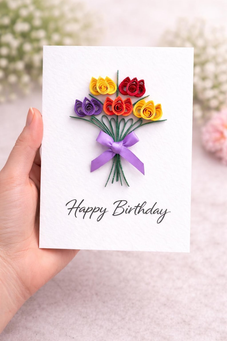 May include: A handmade birthday card featuring a paper flower bouquet. The flowers are yellow, red, orange, and purple, tied with a purple ribbon. The words "Happy Birthday" are written in black script.