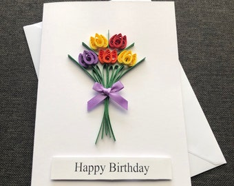 Birthday Handmade Card, Quilled Flowers , Happy Mother’s Day, Mother Day Card,Handmade Bouquet of Flowers, 3D Card, Tulips for my mom