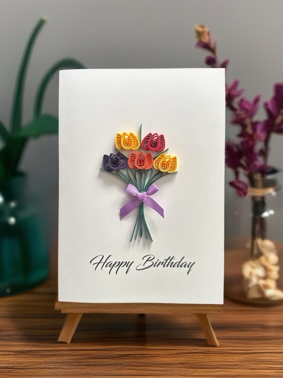 Handmade Birthday Card Tulips Bouquet 3D, Minimalist Flowers Bouquet Gift