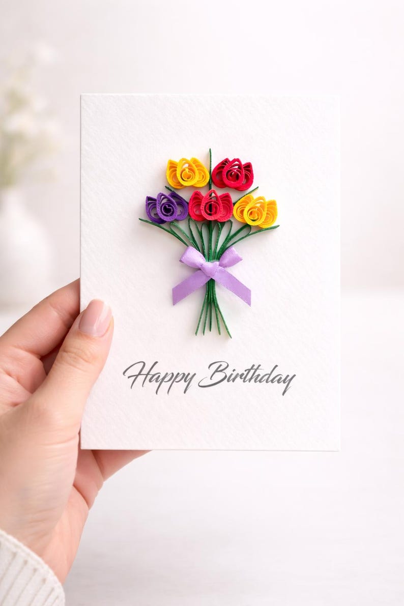 May include: A white birthday card featuring a paper flower bouquet in yellow, red, and purple, tied with a purple ribbon. The words "Happy Birthday" are printed in grey script below the flowers.