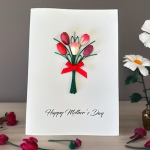 Carte de fête des mères, tulipes 3D, fleurs de printemps, carte faite main pour elle, cadeau unique pour maman, cartes de Pâques, carte d'anniversaire florale