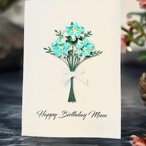 Carte florale 3D, carte de fête des mères, fleurs de Pâques bleu printemps, carte florale faite main pour elle, cadeau unique pour maman, carte d'anniversaire