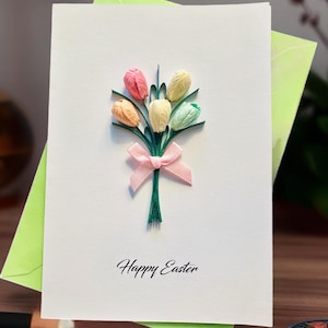 Carte de Pâques 3D, bouquet de tulipes fait main, cartes de Pâques florales, cartes de voeux