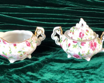 Vtg Lefton Rose Miniature Doll Size Cream/Sugar Set.  Pink Roses, Gold Trim 794-R