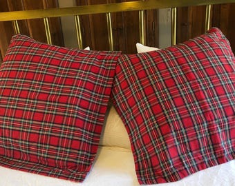 Set of 2 100% COTTON REVERSIBLE Tartan Pillow Shams. Red Tartan/White Tartan