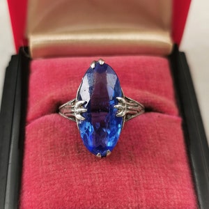 Art Deco Sterling Silver Faux Sapphire Ring - Filigree Blue Paste Ring - Size 7