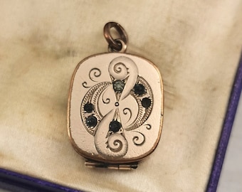 Antique Victorian Gold Filled Paste Locket - Square Engraved Rhinestone Locket - Photo Locket - Memorial