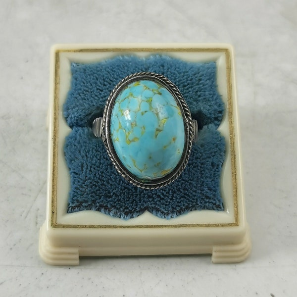 Vintage Silver and Hubbell Glass Ring - Imitation Turquoise Old Silver Ring - Size 7