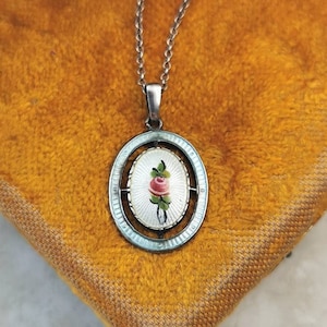 Vintage  Charles Horner Sterling Silver Guilloché Pendant - Hand Painted Rose Guilloché Enamel Pendant - 16.75&quot; Cable Chain