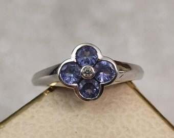 Estate 10k White Gold Tanzanite and Diamond Ring - Quatrefoil Flower Ring - December Birthstone - Size 6.75