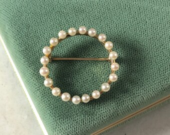 Vintage 10k Yellow Gold Cultured Pearl Circle Brooch - Pearl Wreath Scarf Pin - Solid 10k Yellow Gold Estate Brooch