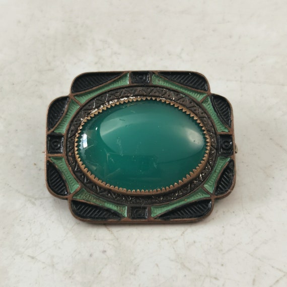 Art Deco Chrysoprase Glass Ring and Brooch SET - … - image 6