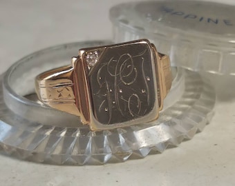 Vintage 10k Solid Gold Signet Ring - Initials H J - Diamond Signet Ring - Mongram Men's Ring - Unisex Ring