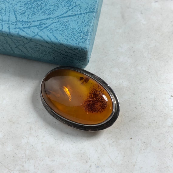 Vintage Amber & Sterling Silver Brooch