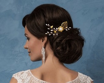 Peigne cheveux vintage en perles et feuilles dorées, Bijou de cheveux floral pour mariage rustique PG0005