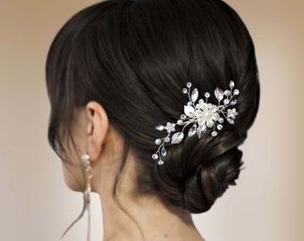 Pince cheveux mariage en strass et perles, Clip cheveux floral, Bijou cheveux mariée, Peigne cheveux mariage HC0003