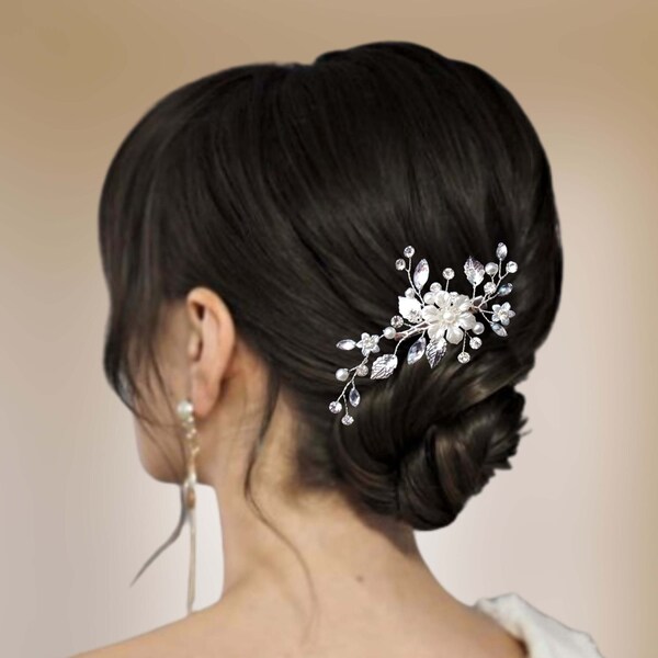 Pince cheveux mariage en strass et perles, Clip cheveux floral, Bijou cheveux mariée, Peigne cheveux mariage HC0003