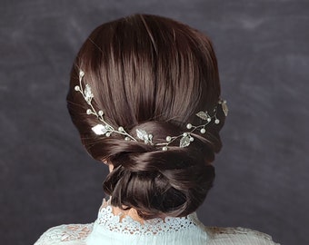 Pearl bridal hair vine with leaves Leaf bohemian wedding headband VCH0013