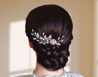 Peigne à cheveux mariage avec perles et feuilles, Bijou de cheveux floral pour coiffure de mariée PG0007