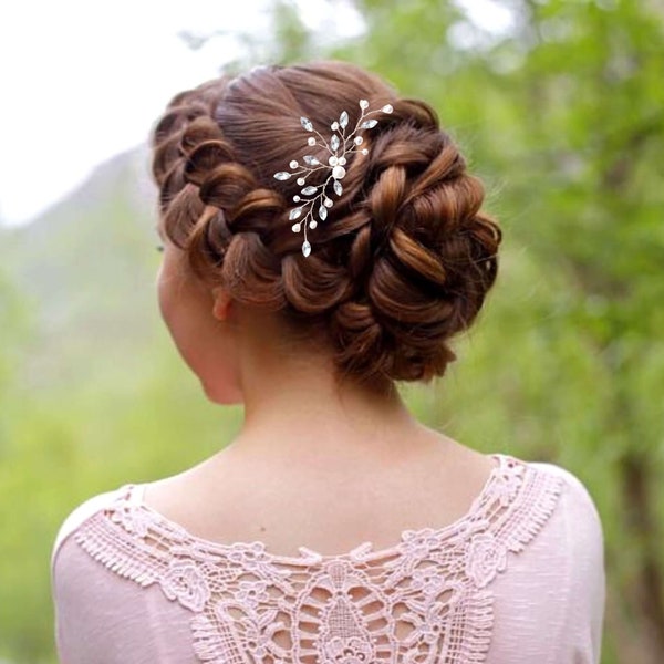 Bijou de cheveux mariage bohème avec feuilles de strass et perles, Épingle à chignon florale pour coiffure de mariée EP0012