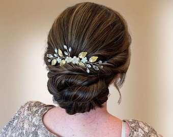 Peigne cheveux mariage bohème en cristal et feuilles, Bijou de cheveux floral de mariée avec strass PG0006