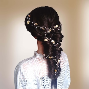 Long leaf hair vine for bohemian wedding, Grecian bridal hair vine with leaves, Antique style bridal headband V0013