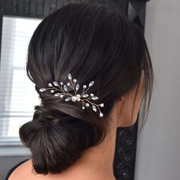 Épingle à chignon florale pour coiffure de mariée, Bijou de cheveux mariage bohème avec feuilles de strass et perles EP0012