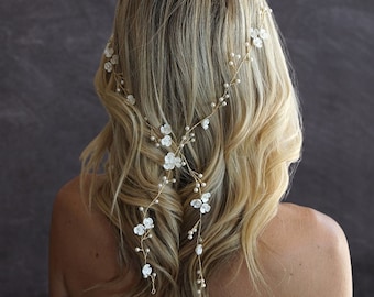 Long Floral bridal hair vine Pearl wedding hair vine Boho wedding headband Bohemian wedding hair vine V0005