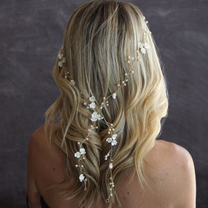 Long Floral bridal hair vine Pearl wedding hair vine Boho wedding headband Bohemian wedding hair vine V0005