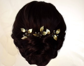 Lot de 3 épingles à cheveux en feuilles et cristal, Petits pics à chignon mariage, Bijou cheveux mariée feuilles EP0004