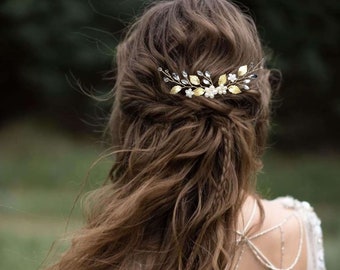 Peigne cheveux feuilles dorées et cristal pour mariage bohème, Bijou de cheveux floral de mariée PG0006