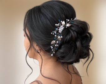 Peigne de mariée bohème en cristal et perles, Peigne cheveux mariage avec feuilles, Bijou chignon mariage boho PG0041